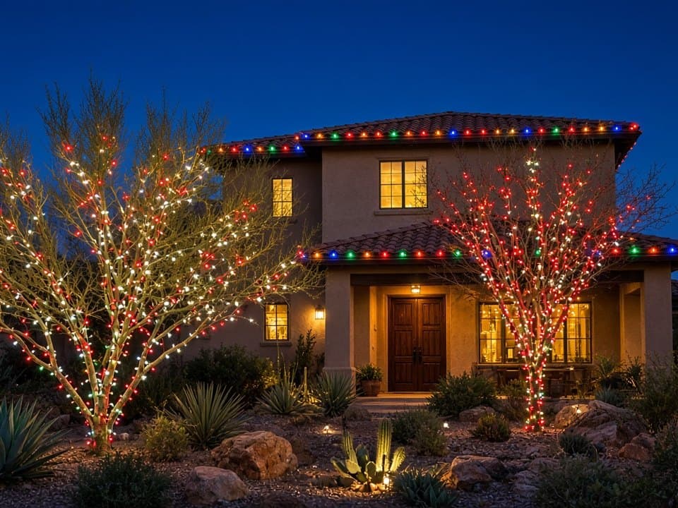 Illustration: a two-story stucco home at night with a multicolor C9 roofline and red and white tree wraps