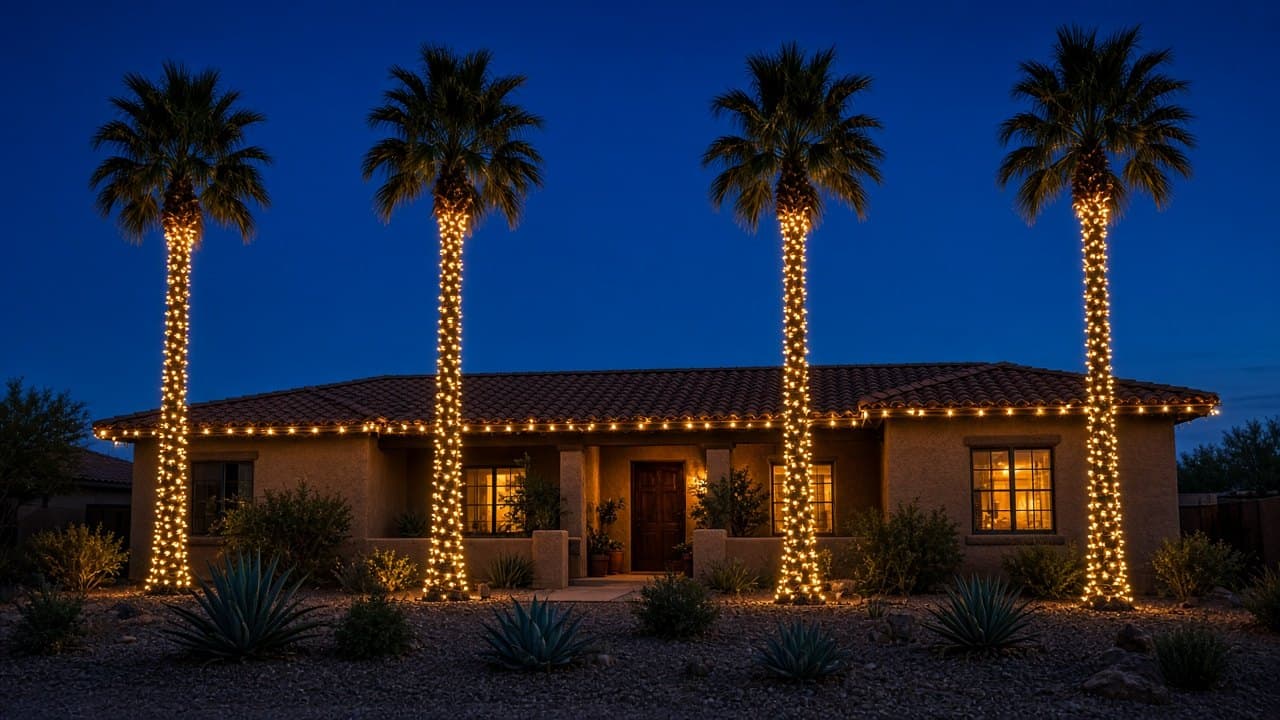 Illustration: a tile-roof Valley home at night with a warm white C9 roofline and four tall wrapped palms