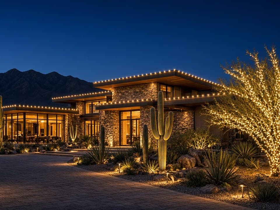 Illustration: a modern stone desert home at night with warm white C9 rooflines, saguaros and a wrapped tree