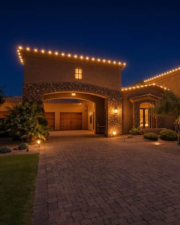 Illustration: a Valley home at night with evenly spaced warm white C9 bulbs along the roofline